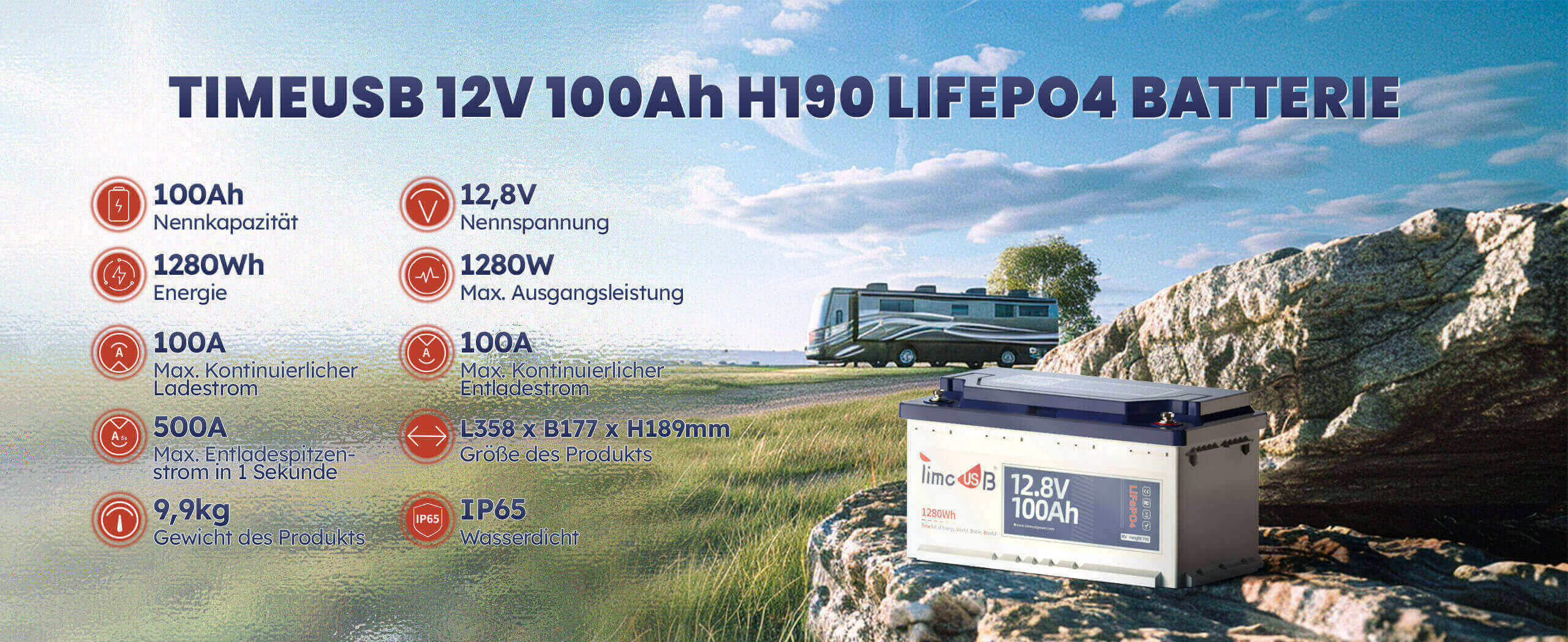 Wie Lange Hält Eine 100ah Batterie Im Wohnmobil Timeusb 12V 100Ah Lithium Batterie Wohnmobil H190, Ideale Fiat Ducato